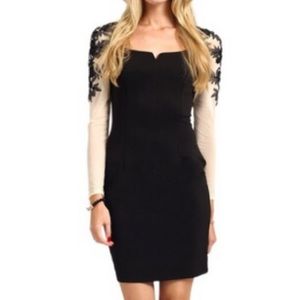 Little Mistress London NWT black bodycon dress w/sheer sleeves & lace appliqués
